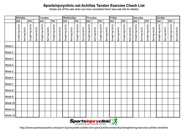 Achilles tendonitis exercises record sheet