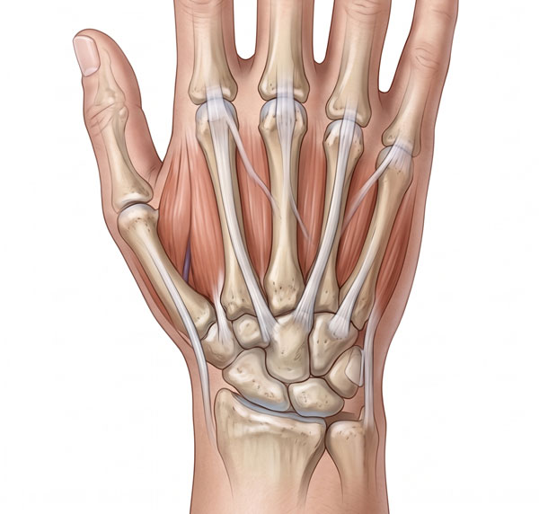 Anatomy diagram of the dorsal wrist (back) showing diagnostic pain zones