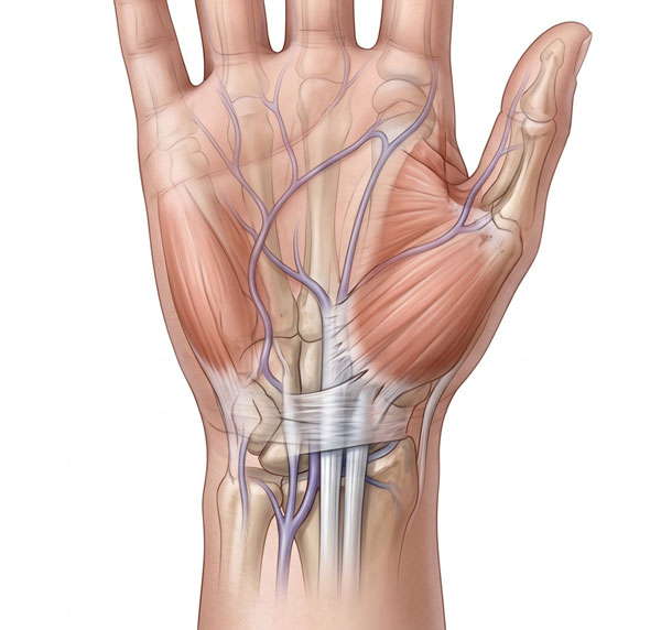 Anatomy diagram of the volar wrist showing pain zones